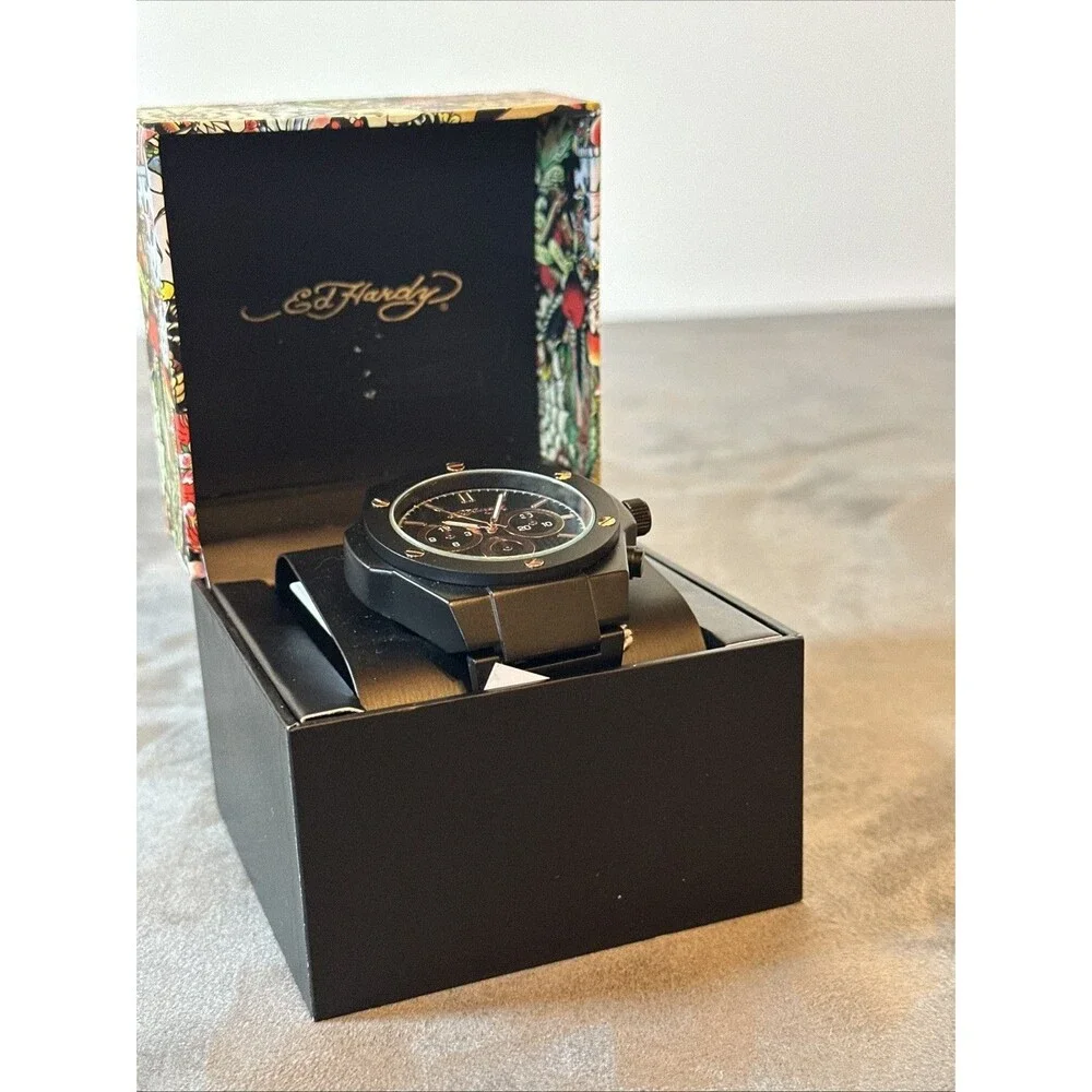 Ed Hardy Watch New In Box Black Stainless Steel Rose Gold Quartz Screw Accent